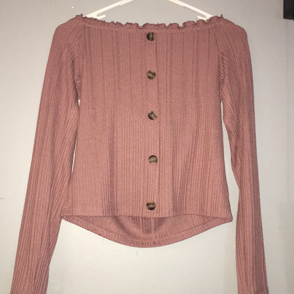 long sleeved pinkish purple off the shoulder top
